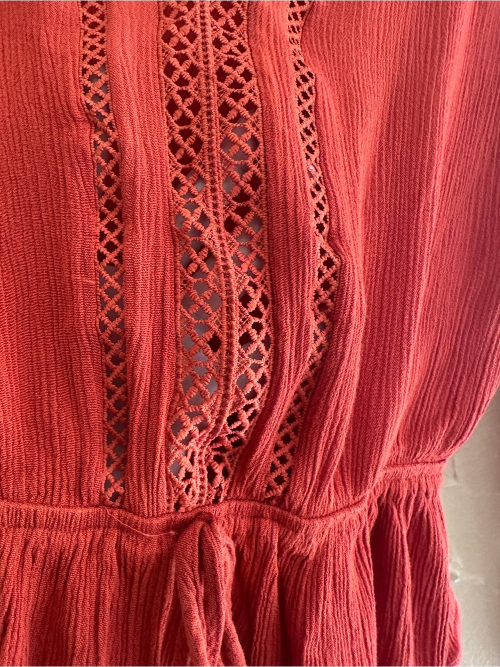 Ambiance Women's burn orange Lace-Trim Drawstring Peplum Blouse - Picture 5 of 6